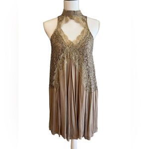 OneTheLand Crepe Lace Overlay Halter Dress Sz S Taupe Coachella Boho Romantic